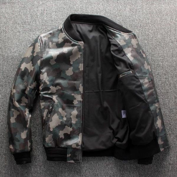

100% real street leather jacket men brand o-neck slim camouflage sheepskin short coat fashion army green work military outerwear men's, Black