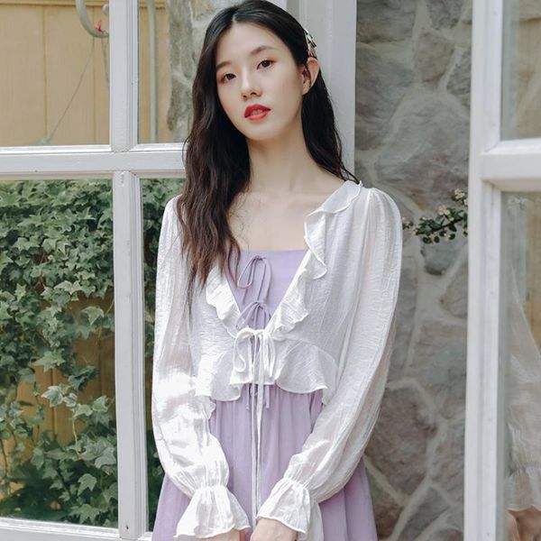 

women's blouses & shirts small shirt fairy ruffled sweet blouse loose short chiffon sunscreen v-neck women summer long sleeve top, White