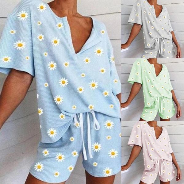 

80% scasual women loose outfit short sleeve t-shirt shorts marguerite print suit set for home women's, White;black