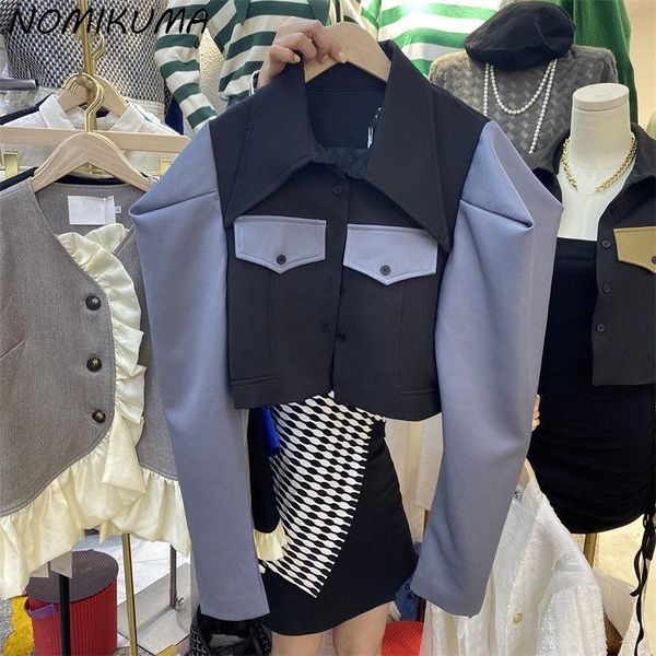 

women's jackets nomikuma fashion contract color patchwork short coat women puff sleeve turn-down collar jacket 2021 autumn outwear 6m00, Black;brown