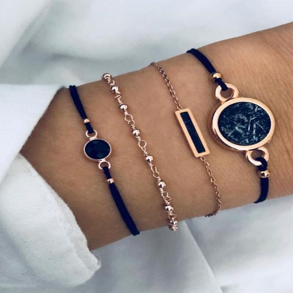 

link, chain boho charm bracelets women fashion geometry circular black stone rope link alloy bracelet sets female jewelry party gifts