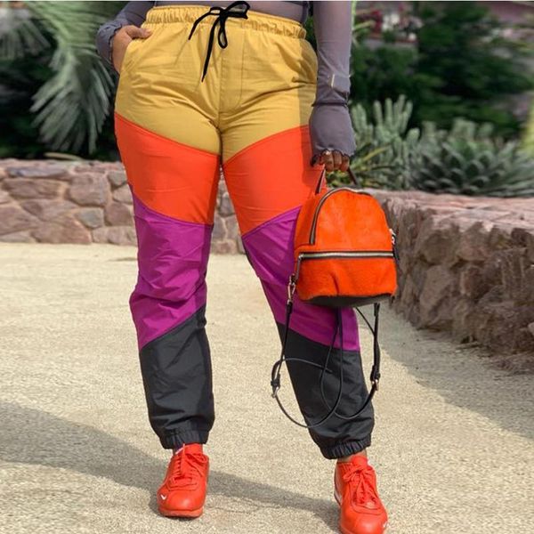 

women's pants & capris contrast color patchwork casual jogger sweatpant 2021 high wasit drawstring cargo trouser active wear workout sp, Black;white