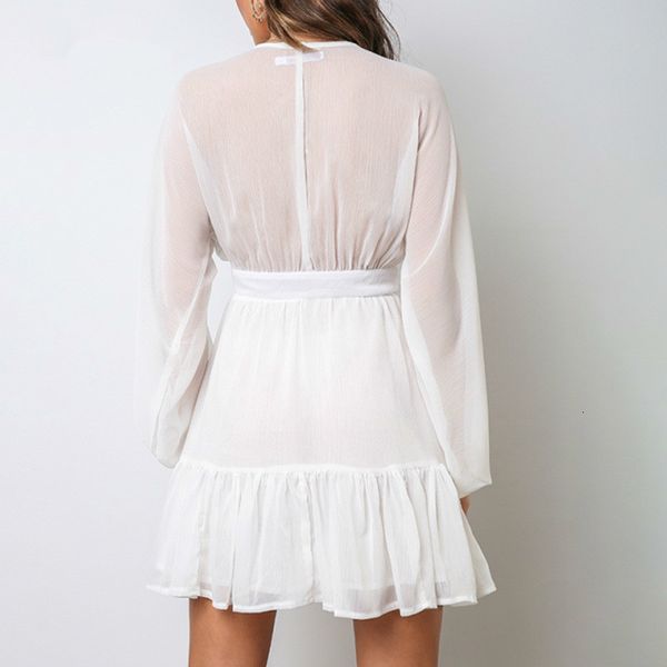 

plunge v neck women's spring summer white lace long sleeve mini party dress ruffle elegant clothing 200928, Black;gray