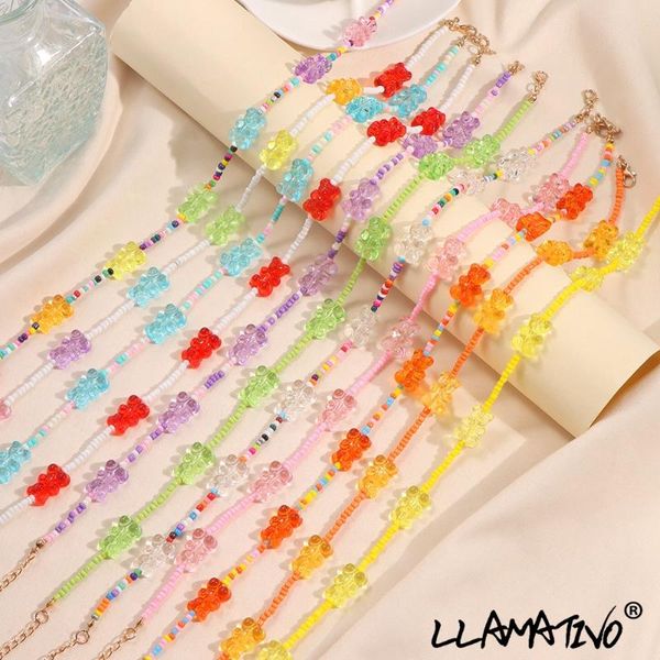 

chains bohemian rainbow transparent gummy bear beaded necklace for women girls fashion crtoon bears seed beads choker necklaces jewelry, Silver