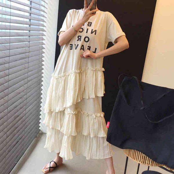 

[ewq] women apricot letter cascading ruffle dress new round neck short sleeve loose fashion casual spring summer 16f0770 210423, Black;gray