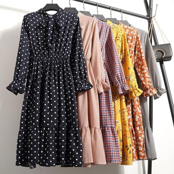 

casual dresses women long sleeve flower print chiffon dress floral spring and autumn clothing, Black;gray