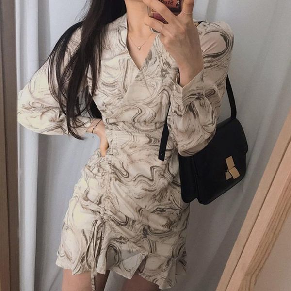 

casual dresses whcw cgdsr long sleeve vintage korean style party loose woman 2021 dress women elegant a-line autumn winter print ruffle, Black;gray