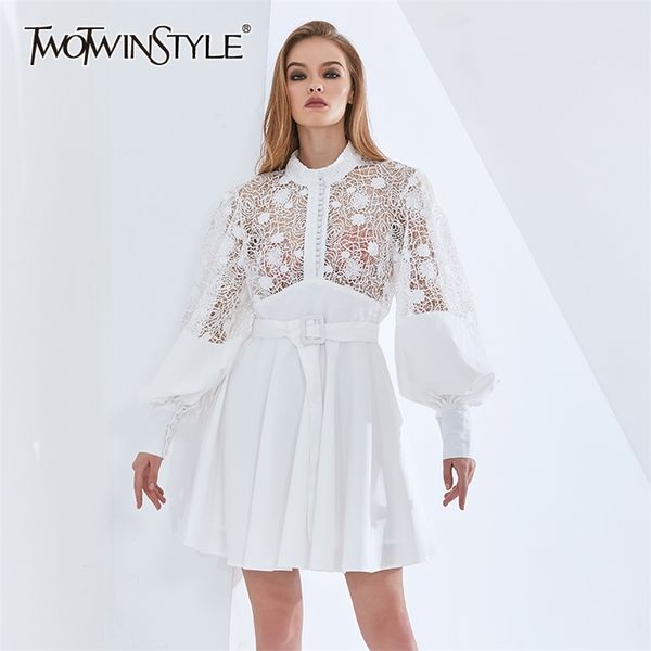 

patchwork lace dress for women stand collar lantern sleeve high waist hollow out midi dresses female 210520, Black;gray