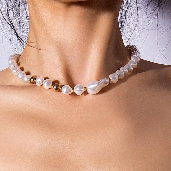 

chokers punk hip hop baroque irregular pearl choker necklaces collar for women cuban thick chains necklace jewelry collier femme, Golden;silver