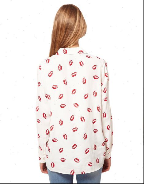 

fashion stand collar red women blouses lip print white chiffon long sleeve plus size xxl nice price