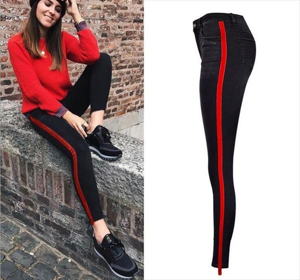 

side stripe skinny stretch women jeans high waist ankle length fashion tassel denim boyfriend female, Blue
