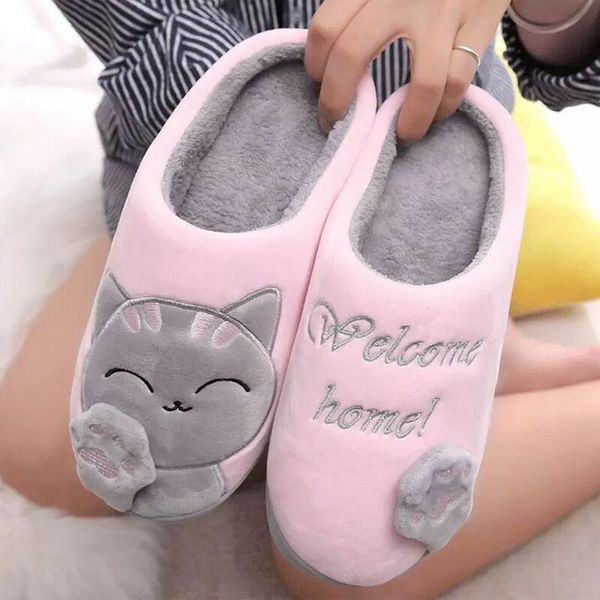 

slippers drop women winter home cartoon cat shoes soft warm house indoor bedroom couples upgrade, Black