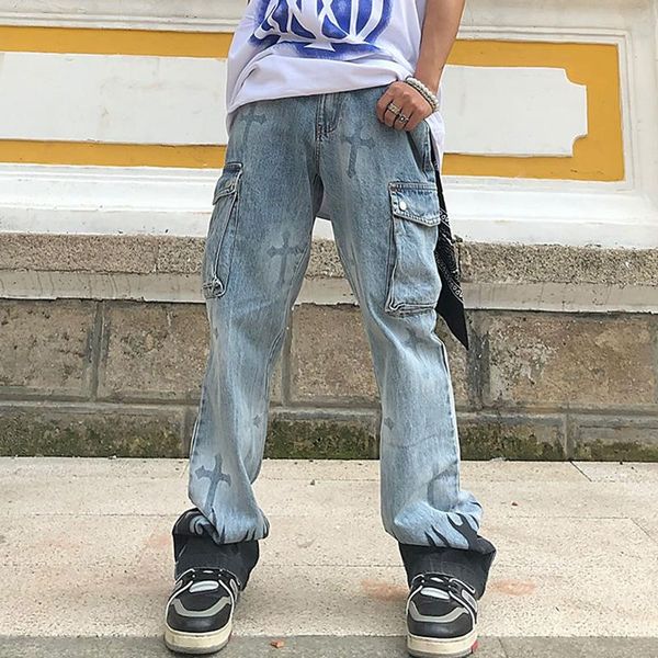 

men's jeans harajuku pockets washed retro cross flame print denim trousers mens straight oversize ripped casual pants, Blue