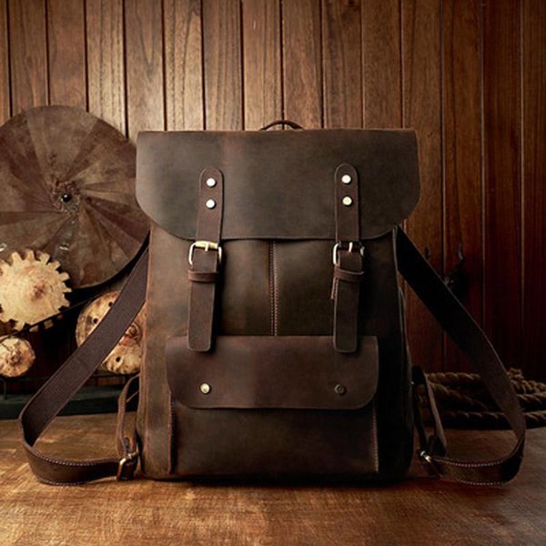 

japan and south korea handmade leather backpack men's outdoor travel cowhide crazy horse leisure