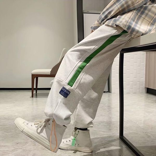 

hong kong style japanese spliced women pant striped drawstring tie leg wide fashion sports, Black