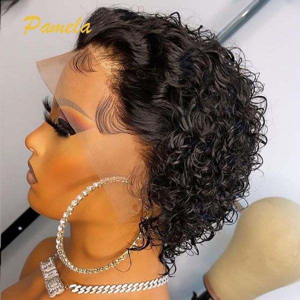 

lace wigs 250% pixie cut short curly summer wig 4*4 closure human hair brazilian remy preplucked with baby, Black;brown