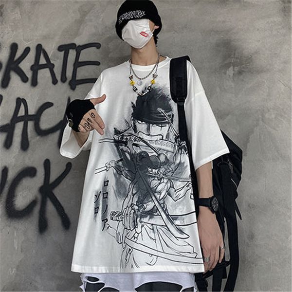Прохладный белый хип-хоп футболка уличная одежда мужчины женщины японские панк негабаритные вершины летние половина рукава один кусок