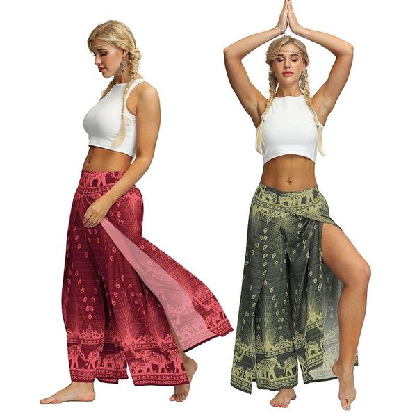 

yoga outfit 2021 fashion slit loose sweatpants casual straight pants thai style elephant digital print hippie bohemia pilates