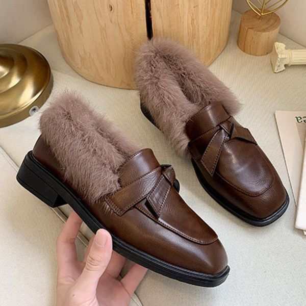 

dress shoes autumn winter women solid comfortable warm slip-on faux leather flat ladies fur square toe work #3, Black