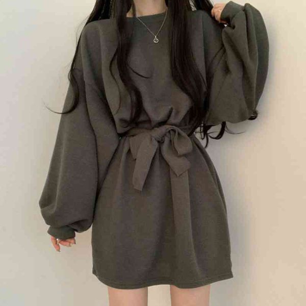 

casual dresses fall mini dress women korean chic round neck pullover loose lace up waist small lantern sleeve vestido de mujer 8gxy, Black;gray