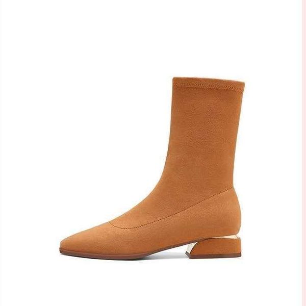 

boots ins sock women 2021 flock shoes party thick heel ankle booties female winter pointed toe, Black