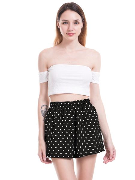 

women's shorts summer polka dot beach pants loose elastic waist, White;black