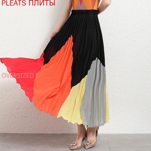 

skirts pleated high waist skirt female mid-length thin miyake dance stitching contrast color large hem summer, Black