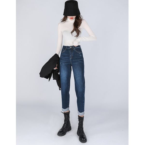 

dark blue women's high waist cotton elastic comfortable pants loose and thin, woolen