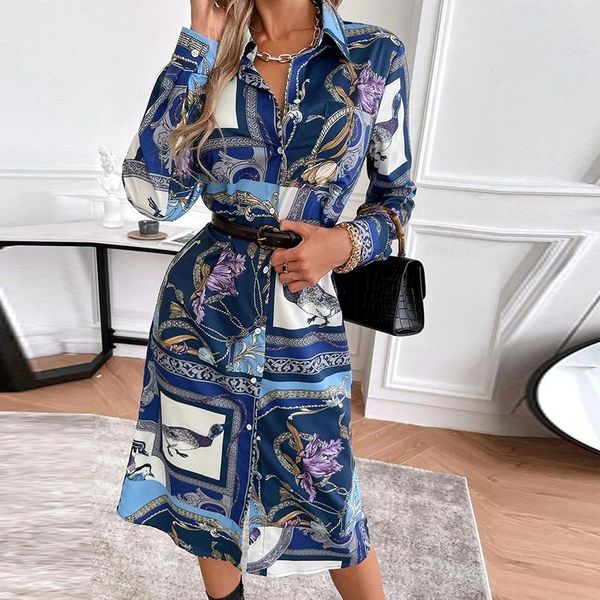

casual dresses elegant turn-down collar button party dress women spring floral print slit shirt autumn long sleeve vintage vestidos, Black;gray