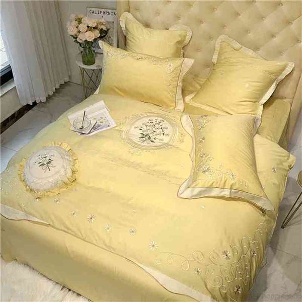 

egyptian cotton embroidery duvet cover pink green yellow  king size 4pcs soft silky bedding set bed sheet pillowcases
