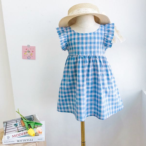 

girls dress summer flying sleeve plaid printed backless sweet princess toddler casual kids clothes 210515, Red;yellow