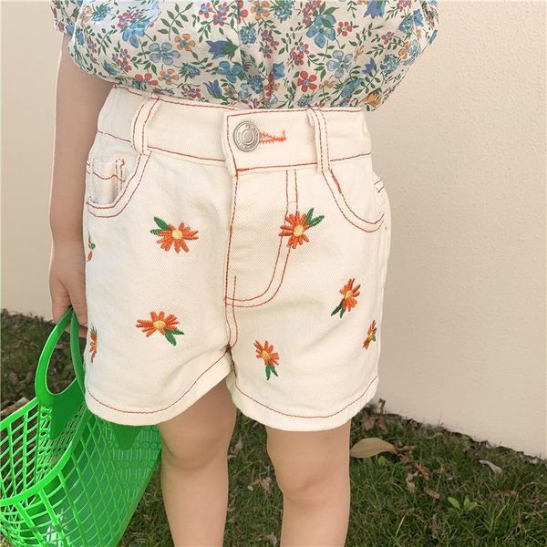 

summer fashion 2-3-4-5-6-7 years toddler children elastic waist kids baby embroidery floral denim girls cute shorts, Black