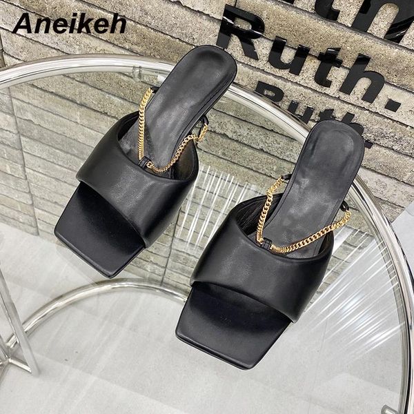 

aneikeh women shoes summer fashion metal decoration pu slides solid thin heels head peep toe shallow leisure concise apricot slippers, Black