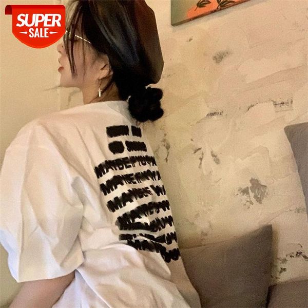 

white t-shirt women's new loose and thin mid-length letter printing japanese short-sleeved trend #c06e