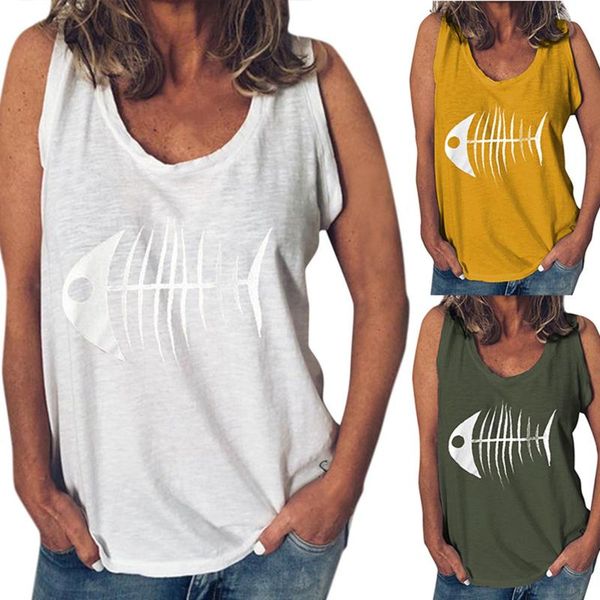 

women's tanks & camis fishbone printed round neck sleeveless loose top, White