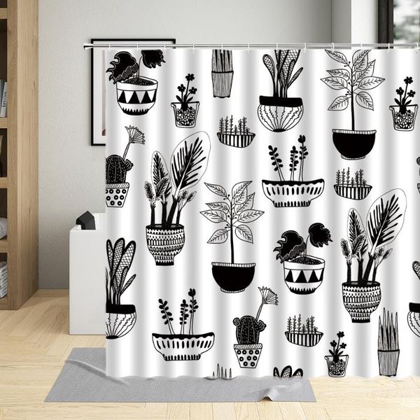 

hand drawn potted plant bathroom curtains succulents cactus illustration shower curtain polyester fabric bathtub decor with hook