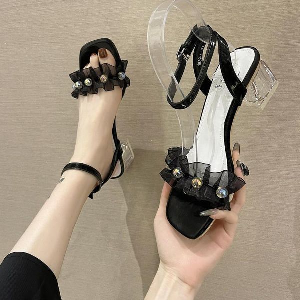 

sandals beige heeled 2021 summer female shoe lace denim women's black girls block low rhinestone clear fashion leather pearl