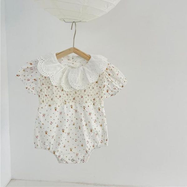 

rompers 2021 summer baby girl floral bodysuit short sleeve jumpsuit lace collar clothes thin cotton born onesie, Blue