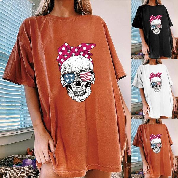 

women's t-shirt 2021 summer plus size drop shoulder women t shirt funny skull skeleton print tee femme half sleeve loose long clothes, White