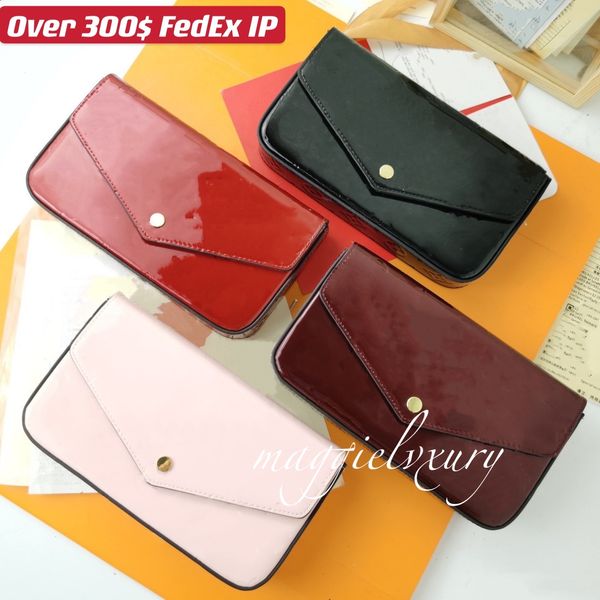 

envelope wallets glossy embossed vernis patent shiny leather chain bag removable card holder zipper pockets 3 in one multiple pouch, Red;black