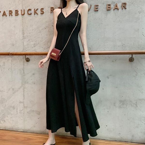 

high split dress women summer long strap v neck waist dresses casual, Black;gray