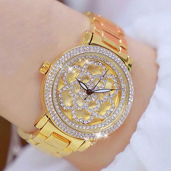 Big Dial Mulheres Luxo Marca Relógio de Cristal Gold Senhoras Relógios de Pulso de Aço Inoxidável Relógio de Quartz Feminino Montre Femme 210527