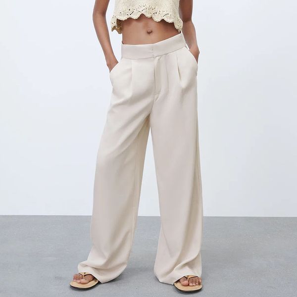 

za women solid casual wide leg pants spring summer women's korean zipper high waist loose two colors trousers 210422, Black;white