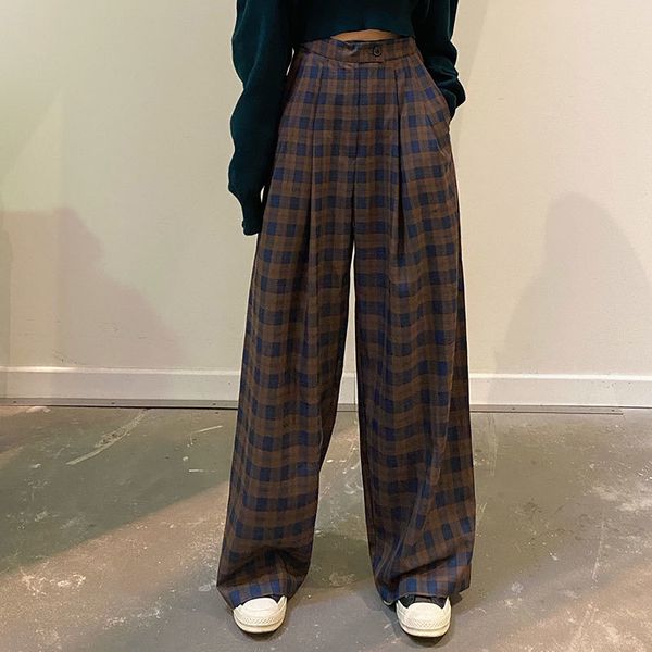 

sml korean style plaid vintage straight trouser female autumn high waist long pants womens (x1615) 210423, Black;white