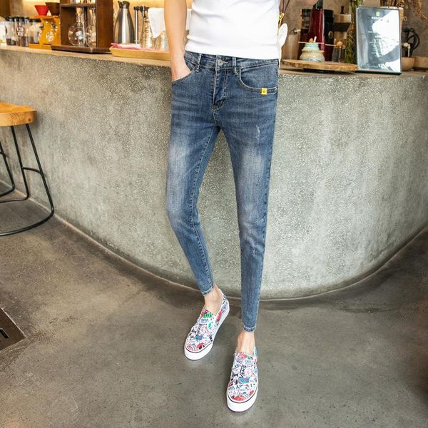 

thin denim jeans men's spring wild brand slim ankle length pants fashion stretch pencil feet, Blue