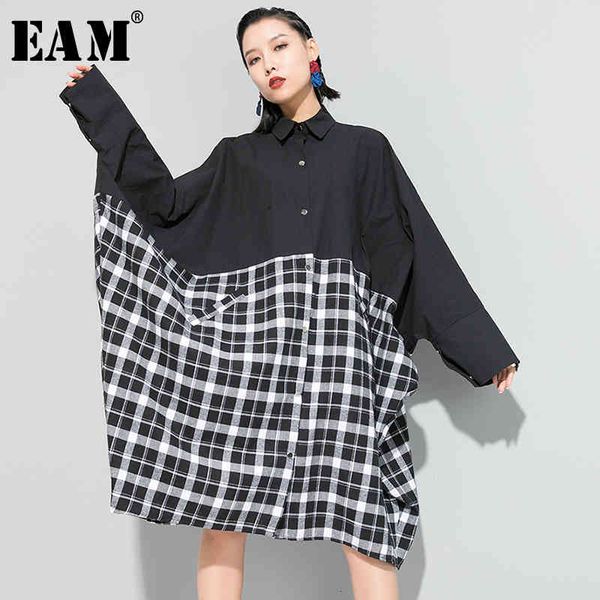 

women's blouses & shirts [eam] women black plaid split big size blouse lapel long sleeve loose fit shirt fashion tide spring autumn 1r6, White