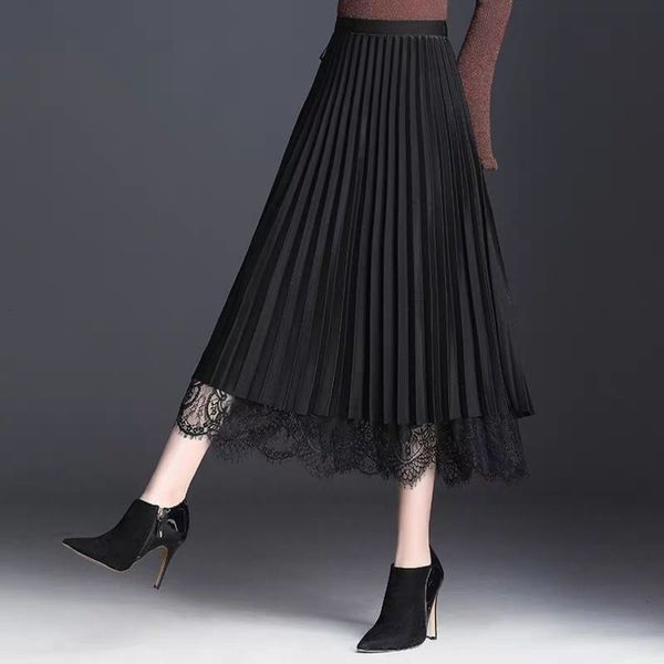 

casual dresses dress autumn and winter double face mesh lace women's medium length pleated yarn a-line skirt w3m9, Black;gray