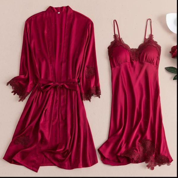 

satin kimono bathrobe robe nightwear womens sleepwears 2pcs soft sleep set spring night wear intimate lingerie lace homewear, Black;red