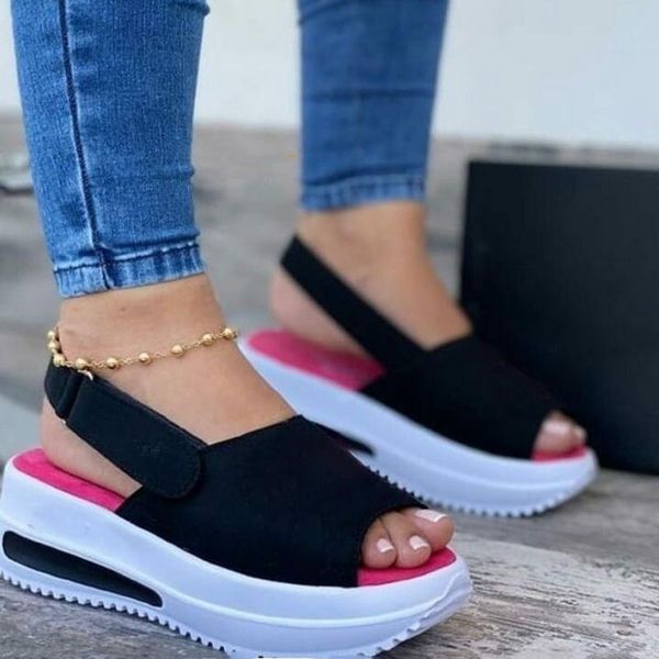 

sandals women's flat summer peep toe fashion large size shoes solid color straps comfortable casual, Black