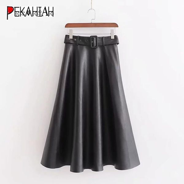 

skirts vintage belt pu leather skirt womens black long streetwear casual office high waist pleated 2021
